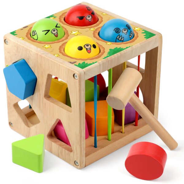 Coogam Holz Montessori Formsortierwürfel mit Hammer – Motorik & Formenlernen für Babys 12–36 Monate