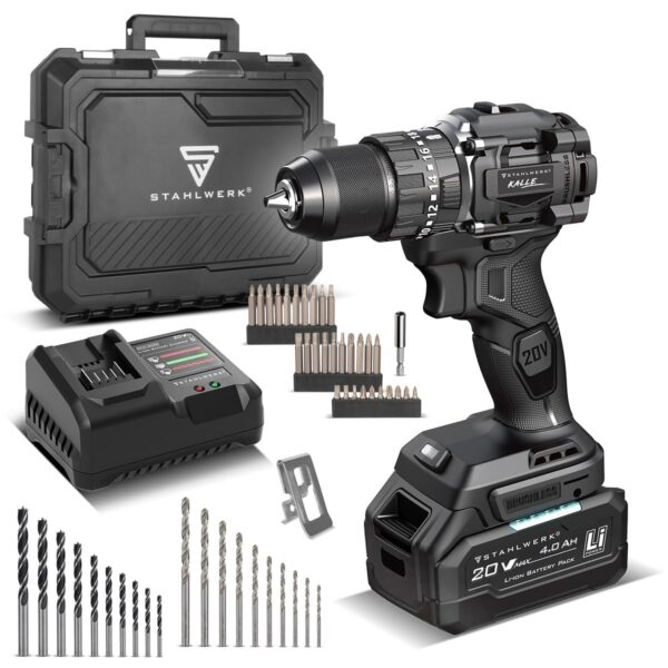 STAHLWERK Akku-Schlagbohrschrauber ASB-20 ST 20V Brushless – 60 Nm, 2-Gang, 4 Ah Li-Ion, 50-tlg. Set