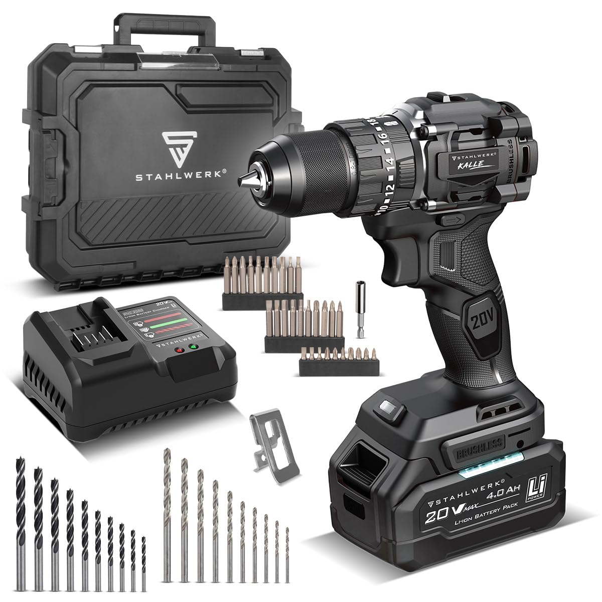 STAHLWERK Akku-Schlagbohrschrauber ASB-20 ST 20V Brushless – 60 Nm, 2-Gang, 4 Ah Li-Ion, 50-tlg. Set