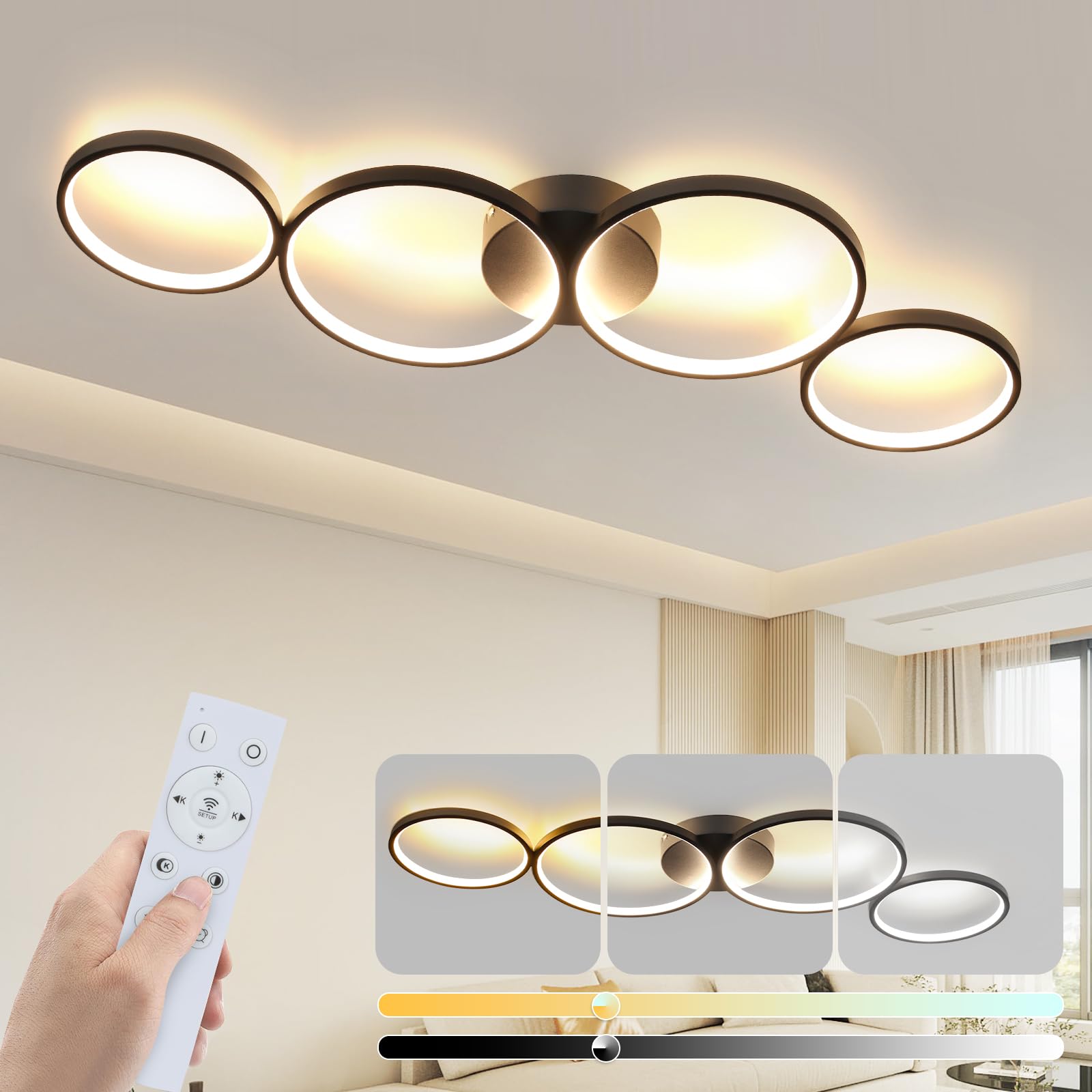 GBLY LED Deckenleuchte 88cm mit 4 Ringen – Dimmbar & Fernbedienung für Wohnzimmer