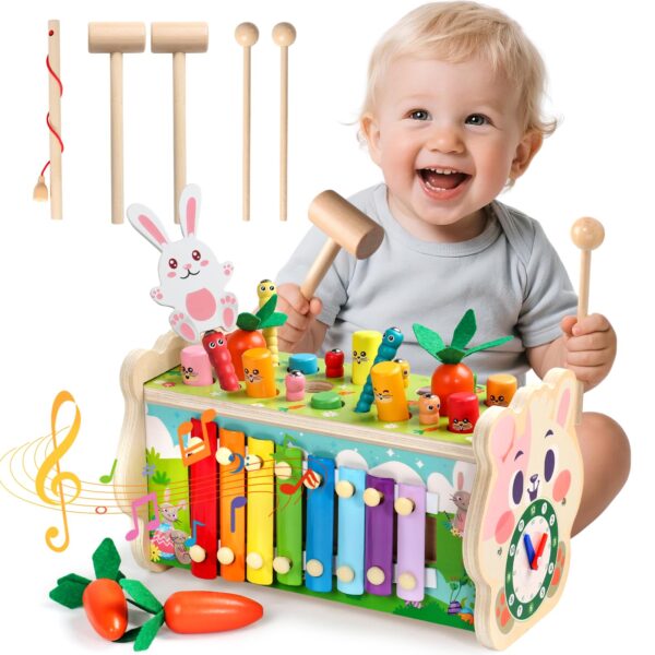 Fajiabao Montessori Holzspielzeug 7-in-1 mit Hammerspiel & Xylophon – Lernspielzeug ab 1 Jahr