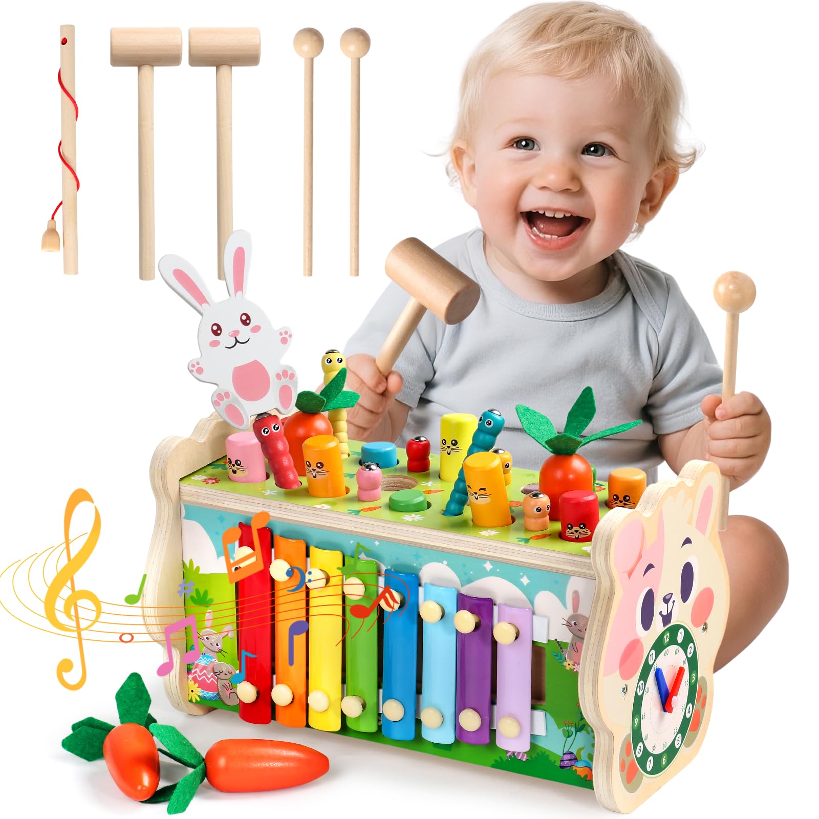 Fajiabao Montessori Holzspielzeug 7-in-1 mit Hammerspiel & Xylophon – Lernspielzeug ab 1 Jahr