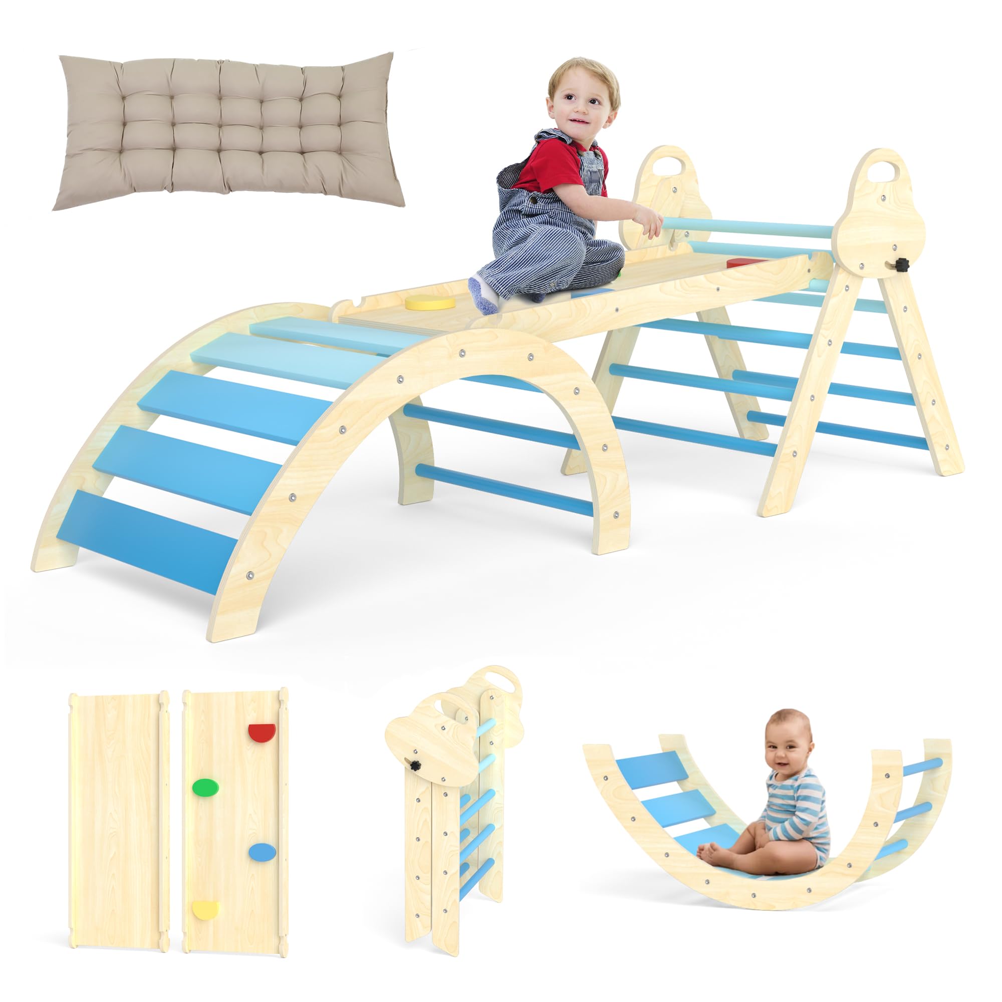 Puecrof 7-in-1 Montessori Kletterdreieck mit Kissen – Holz Kletterspielzeug für Kleinkinder 1-3 Jahre