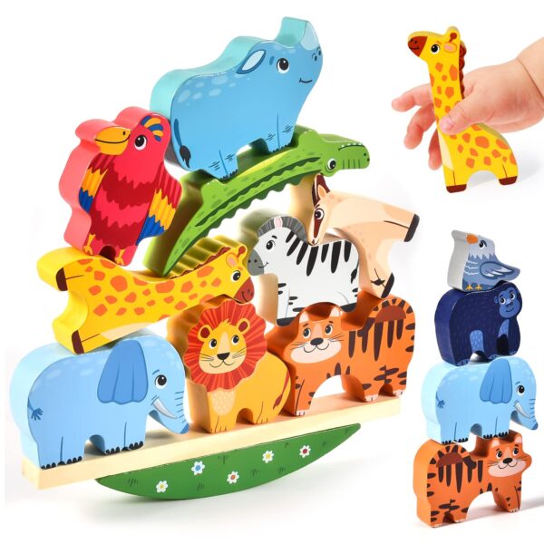 Atoylink Holz-Stapelspielzeug mit 11 Tierfiguren – Montessori Lernspiel ab 2 Jahren