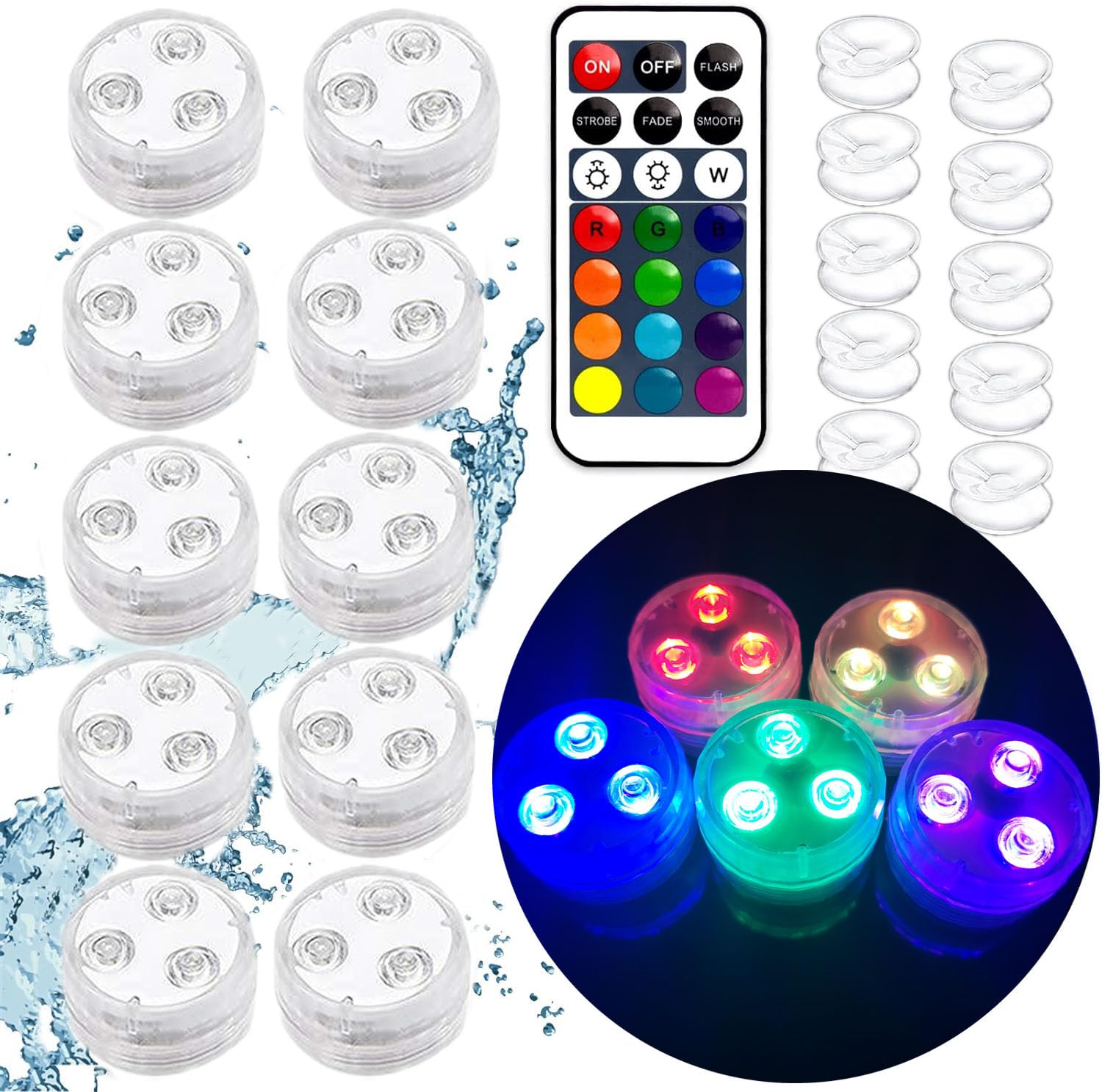 Jialine LED Teelichter 10er Set mit Fernbedienung – RGB Unterwasserlicht wasserdicht IP68