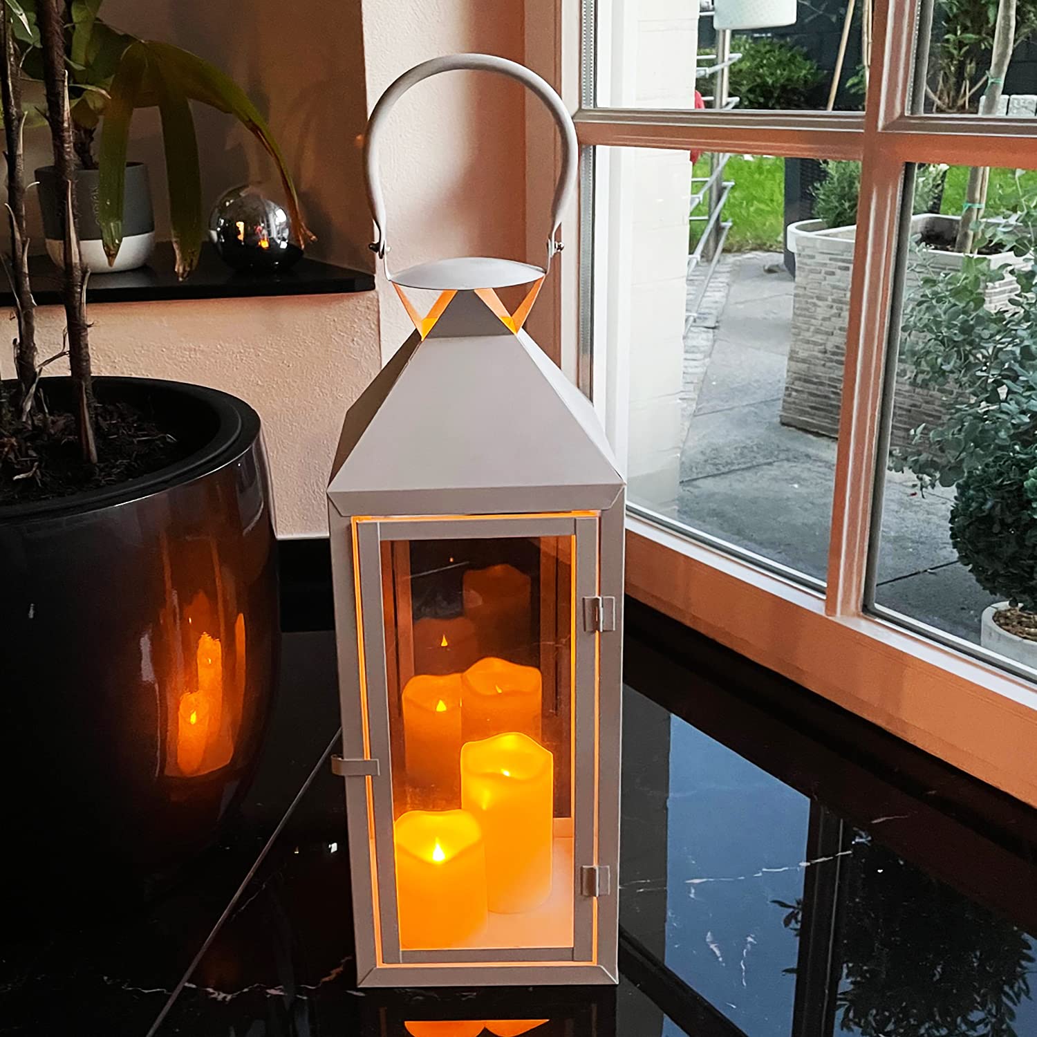 XXL Gartenlaterne Mojawo 54cm Weiss – Windlicht aus Metall & Glas für Innen & Aussen