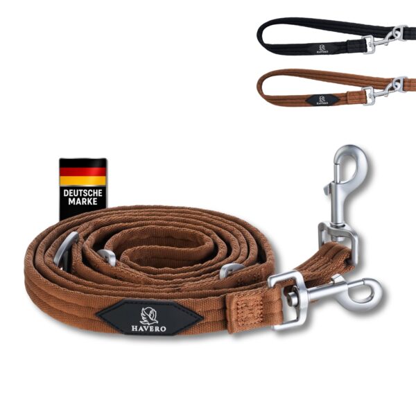 HAVERO Hundeleine 2,5m 4-Fach Verstellbar – Robuste Führleine mit Metallhaken in Braun