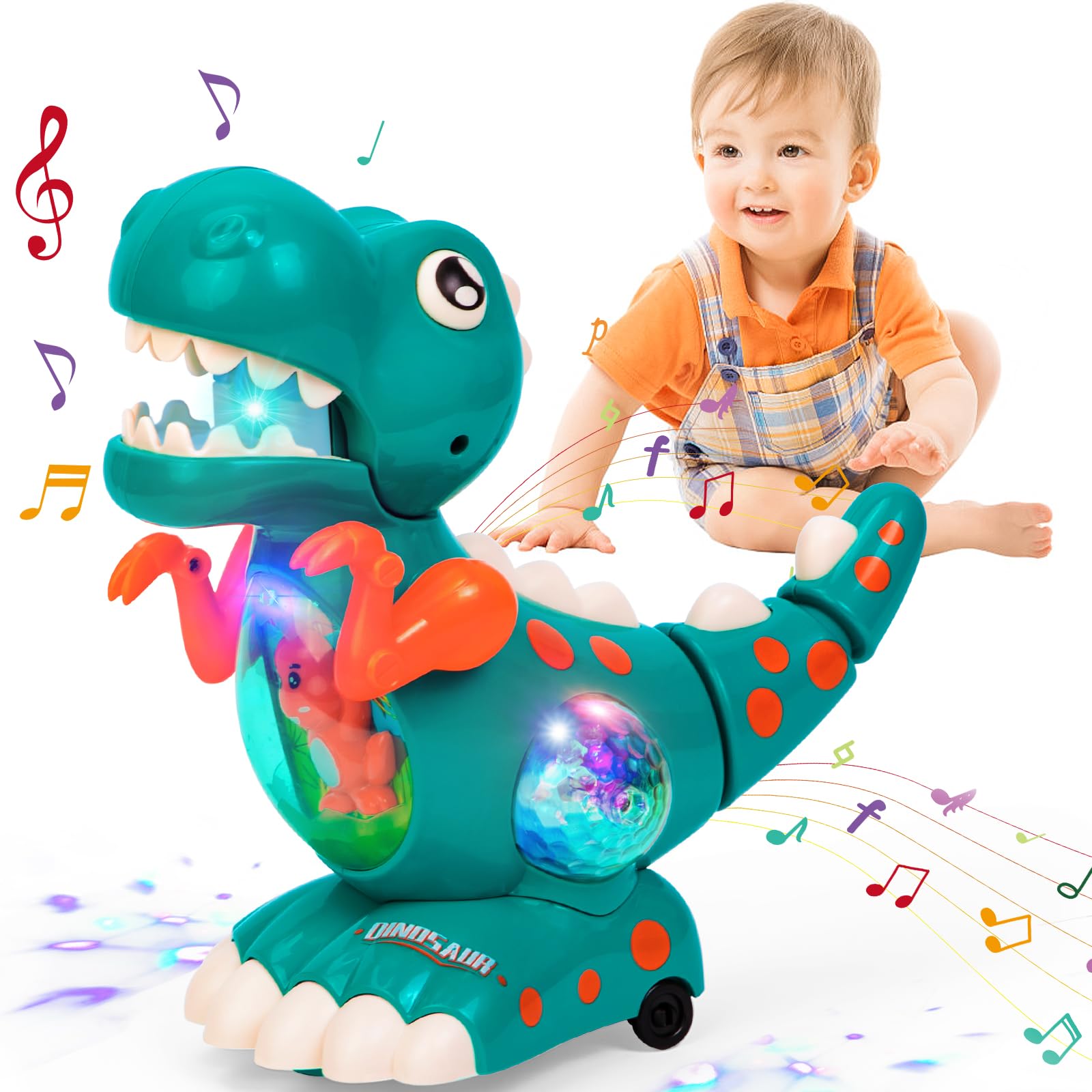 Thedttoy Krabbelnder Dinosaurier mit Musik & LED-Licht – Motorik-Spielzeug für Babys