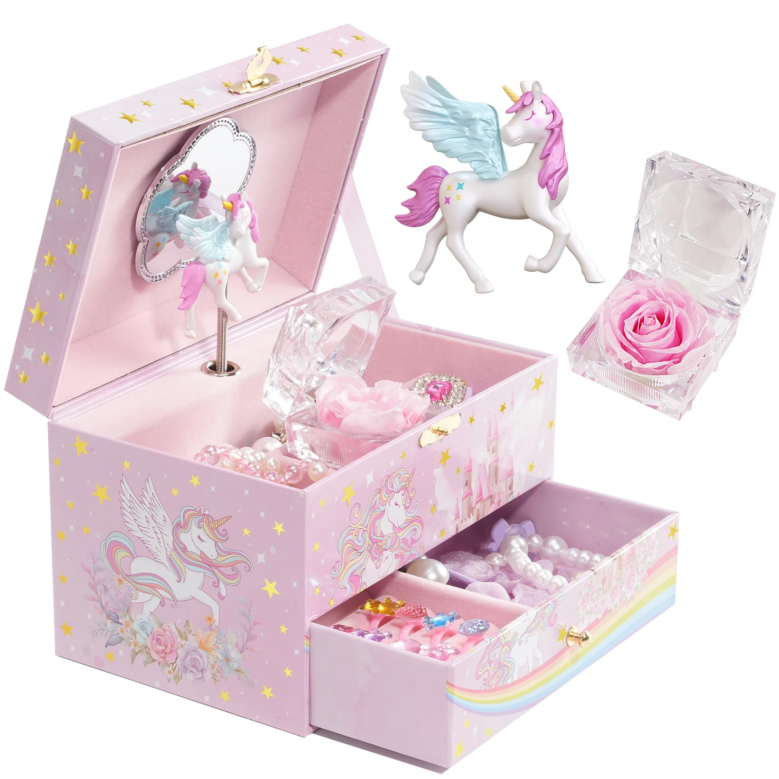 ProCase Schmuckschatulle mit Spieluhr Einhorn & konservierten Blumen – Musikdose für Mädchen