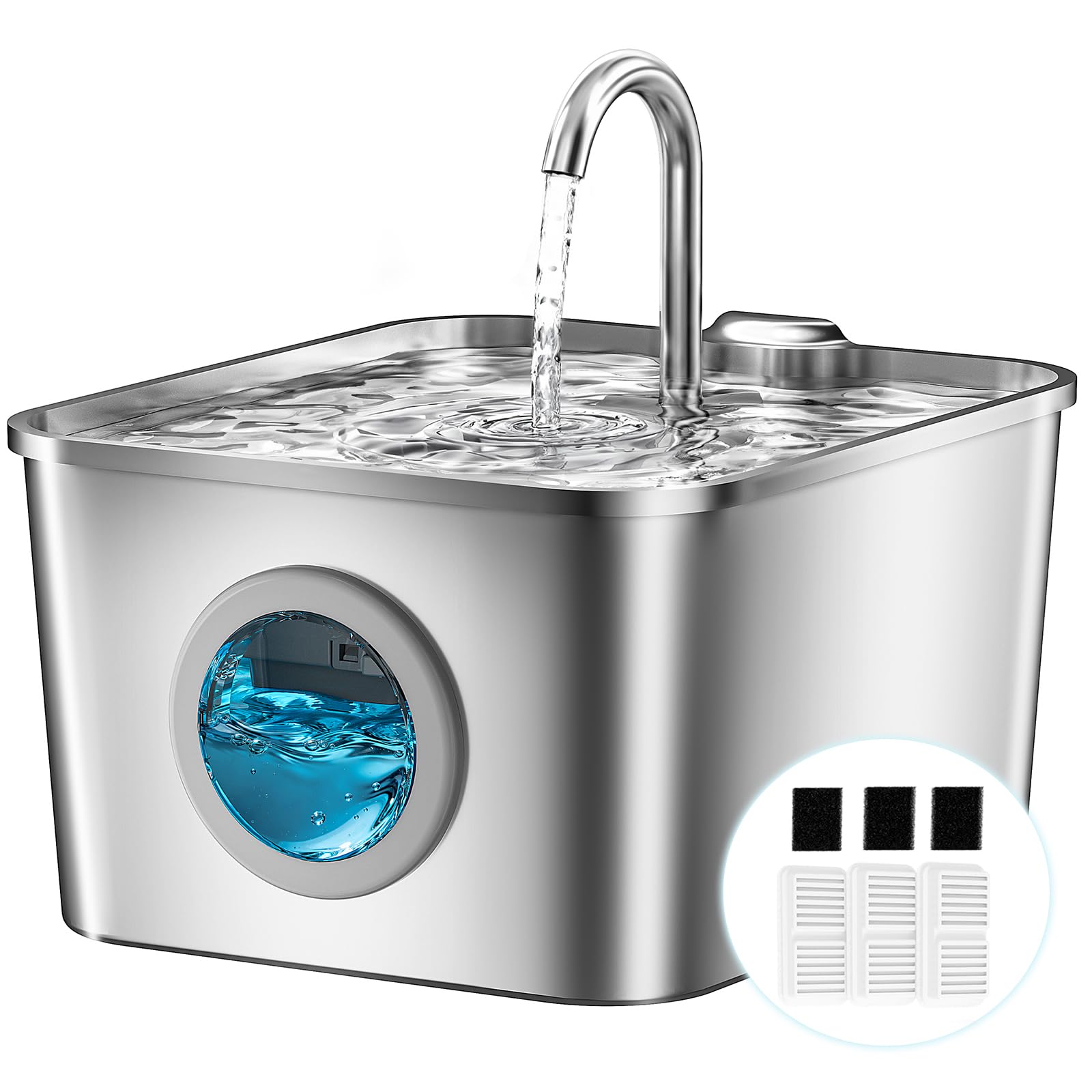 BalimoPet Katzenbrunnen Edelstahl 2,6L – Automatischer Trinkbrunnen mit Vierfach-Filtersystem
