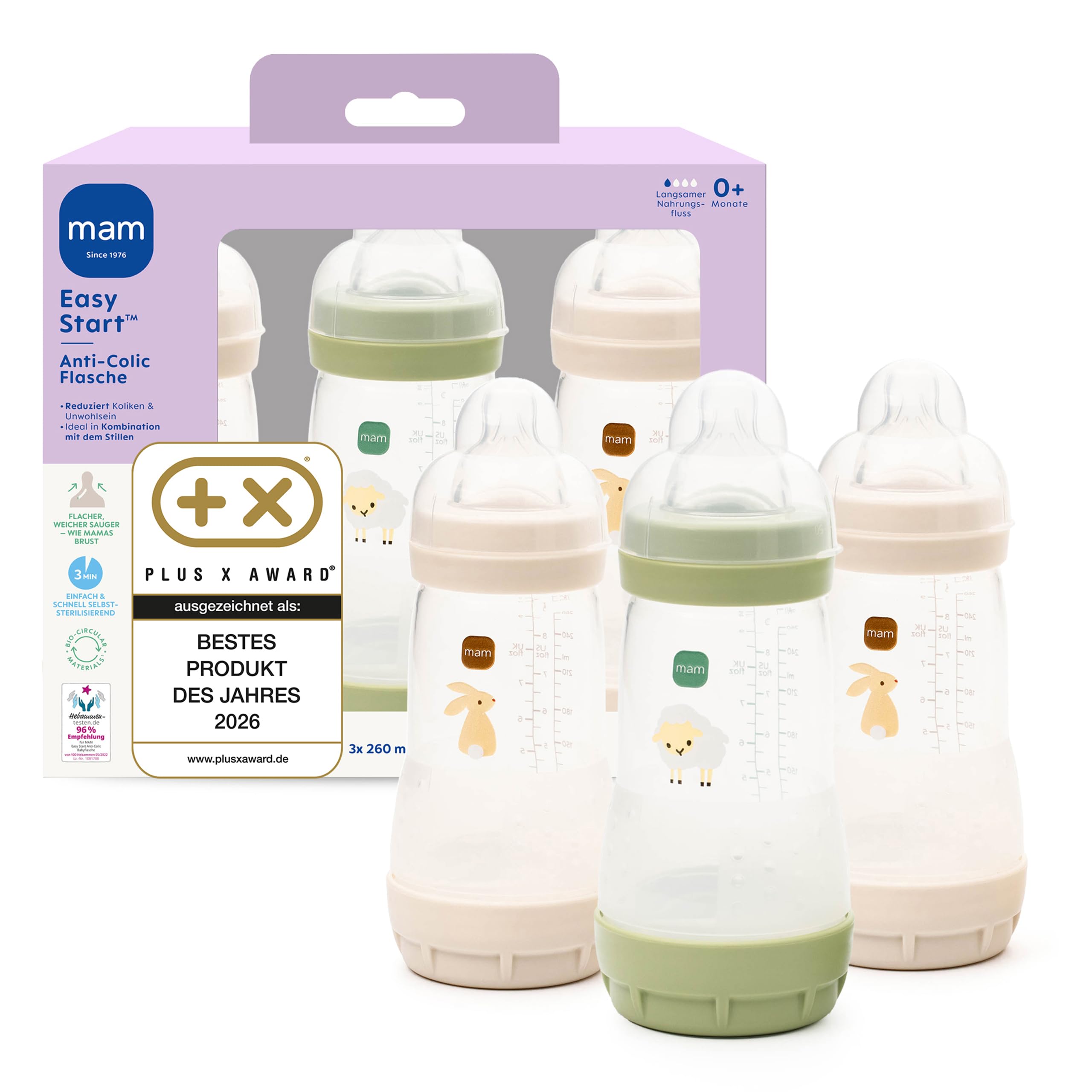 MAM Easy Start Anti-Colic Babyflasche 3x 260 ml – Sanfte Ernährung ab Geburt