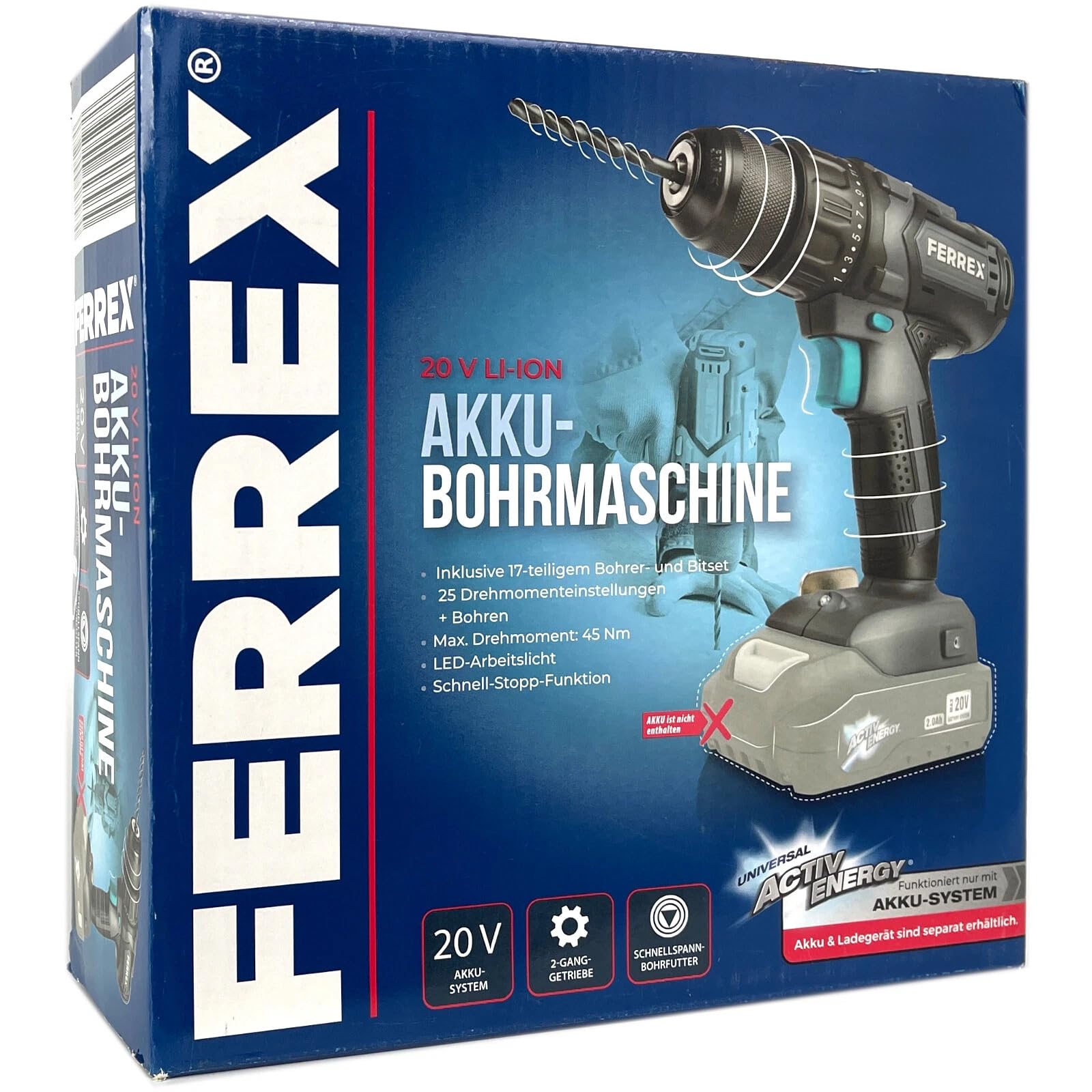 FERREX Akku-Bohrmaschine 20V Starter-Pack – Profi-Bohrschrauber ohne Akku