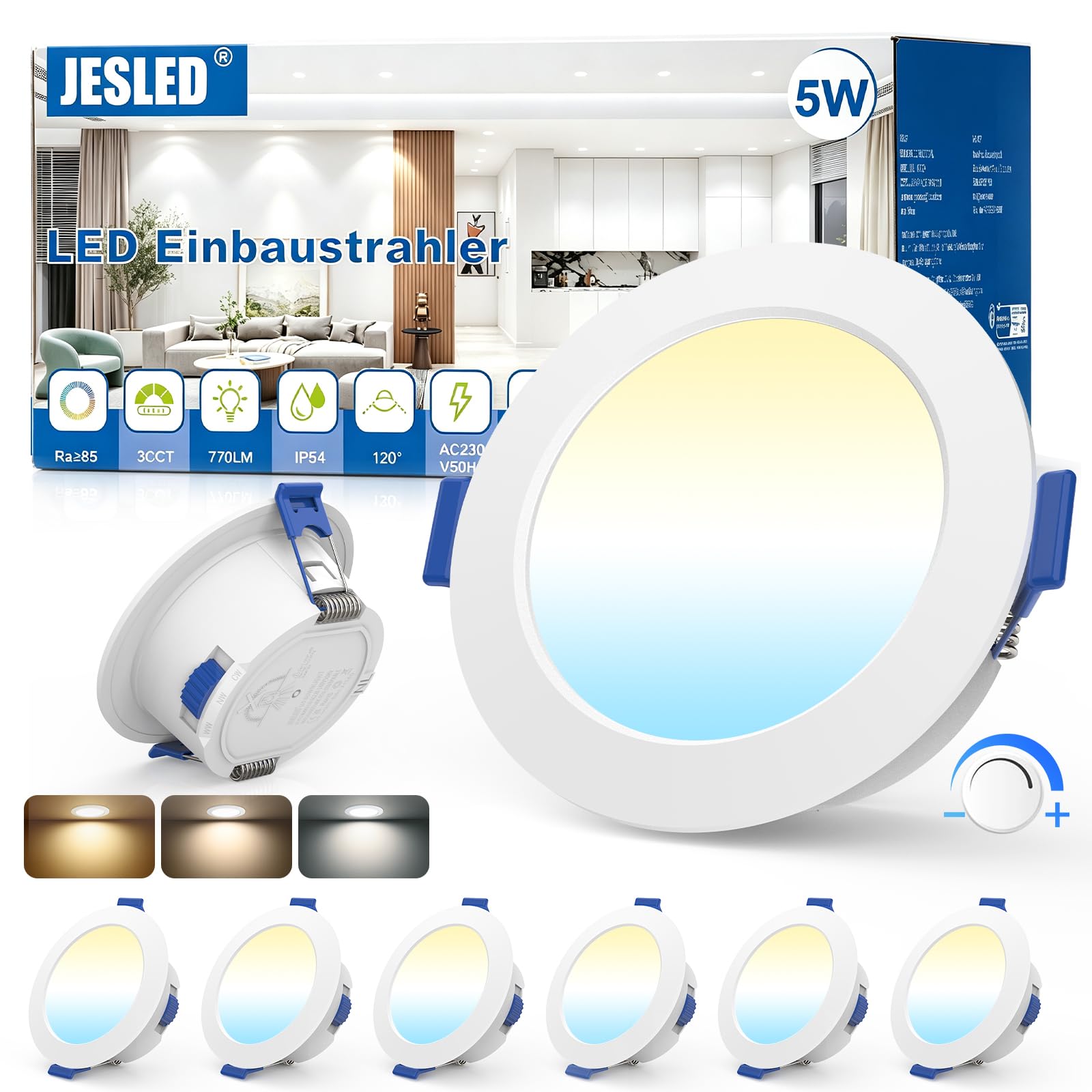 JESLED LED Einbaustrahler 230V 6er Set – 5W Dimmbar 3CCT 770LM IP54 für Bad & Küche