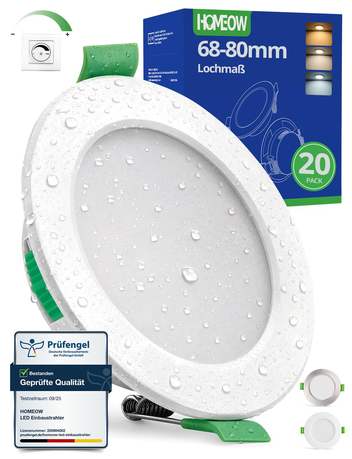 HOMEOW 20er Set LED Einbaustrahler 230V dimmbar – 3 Farbtemperaturen, IP44, 5W 400lm