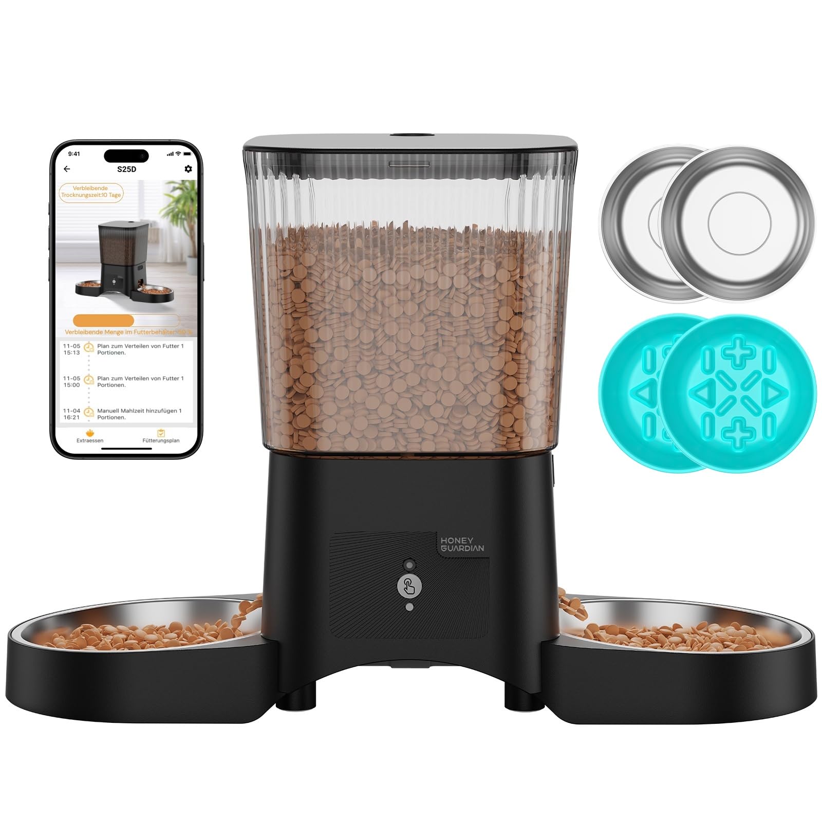 HONEYGUARDIAN 5G WiFi Futterautomat für Katzen – intelligente App-Steuerung mit 2 Näpfen