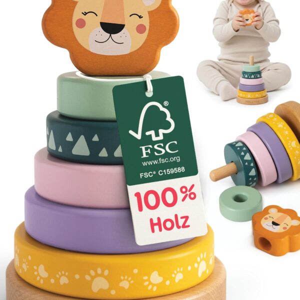 Merle Toys® Holz Stapelturm Löwe ab 1 Jahr – Montessori Lernspielzeug mit FSC-Holz