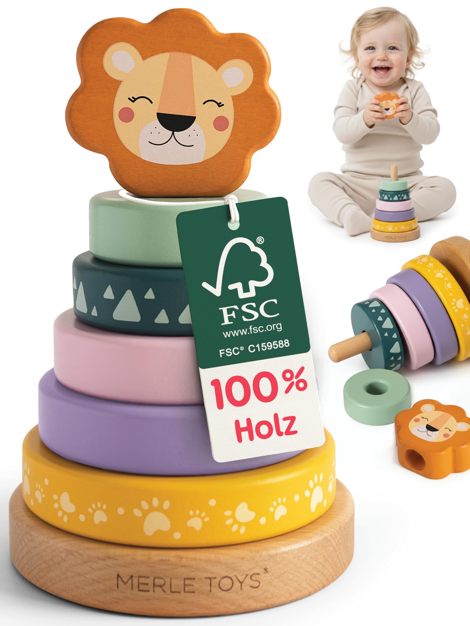 Merle Toys® Holz Stapelturm Löwe ab 1 Jahr – Montessori Lernspielzeug mit FSC-Holz