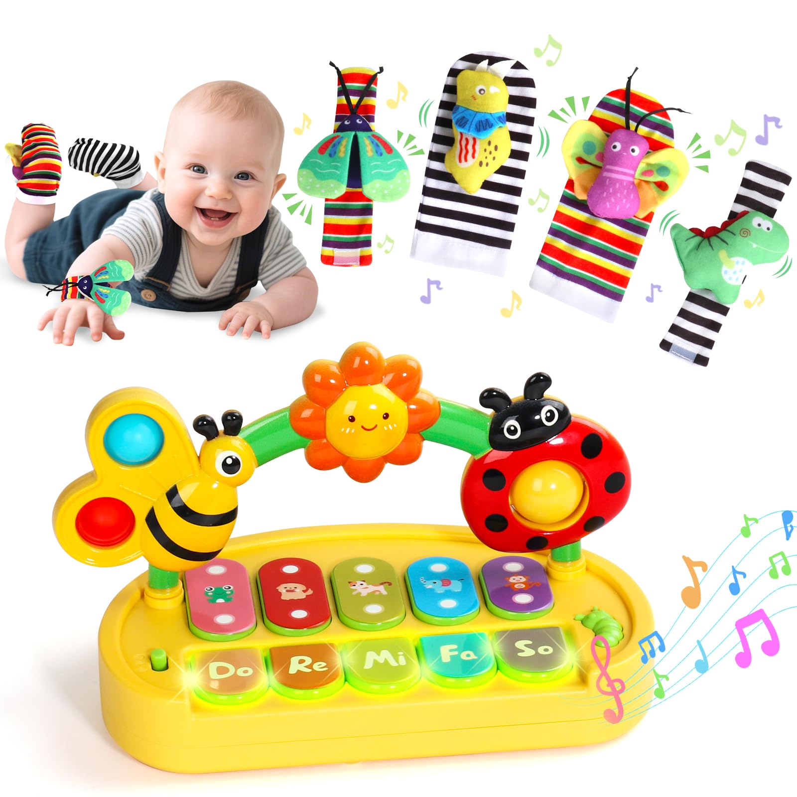 jerryvon 7-in-1 Baby Musikspielzeug ab 6 Monate – Motorikförderung mit Klavier & Rasselsocken