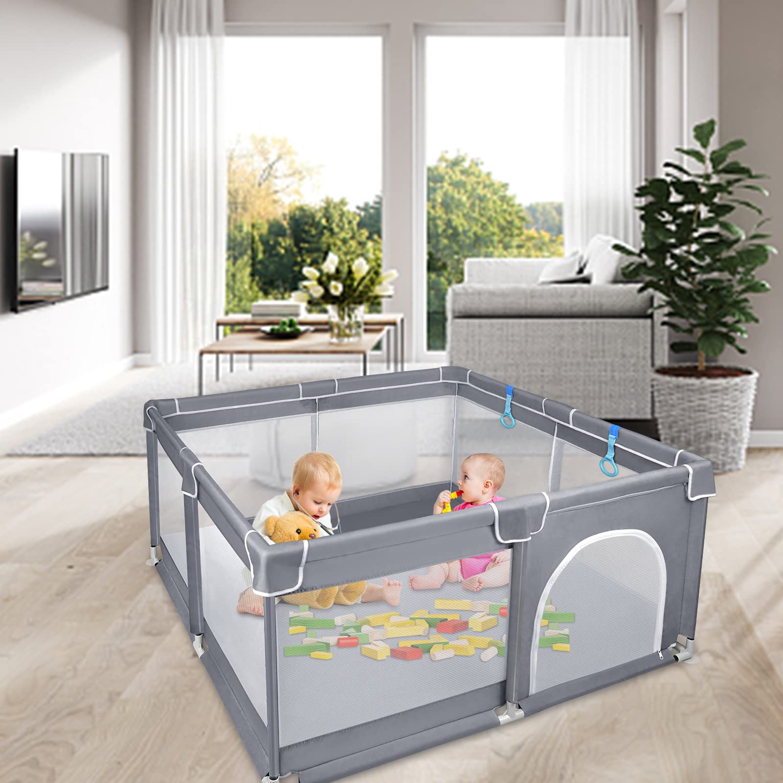 UISEBRT Baby-Laufstall 127x127cm mit Stahlrahmen – Sicherer Laufgitter mit Atmungsaktivem Netz