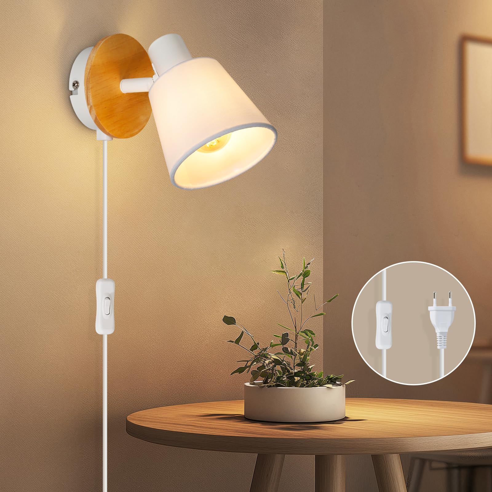 Ketom E14 Wandleuchte Weiß Rund mit Holz & Stoff – Verstellbare Vintage Wandlampe für Innen