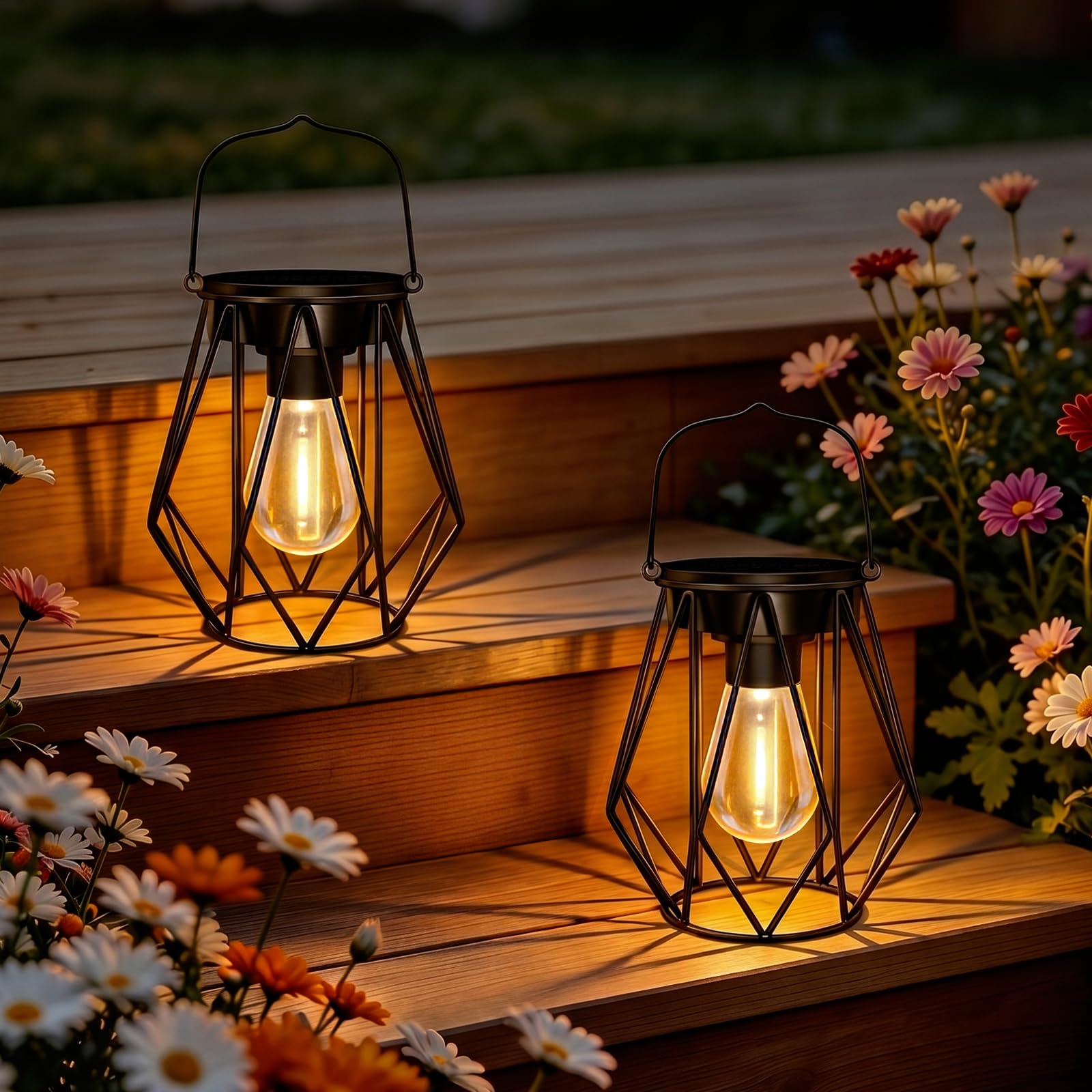 2er Set Caldarax Solar-Gartenlaterne IP65 – Hängend & Stehend mit LED-Glühbirne