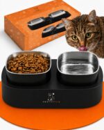 PRETTYPAW Erhöhter Katzennapf mit 2 Edelstahl-Schalen – Ergonomische Futterstation für Katzen