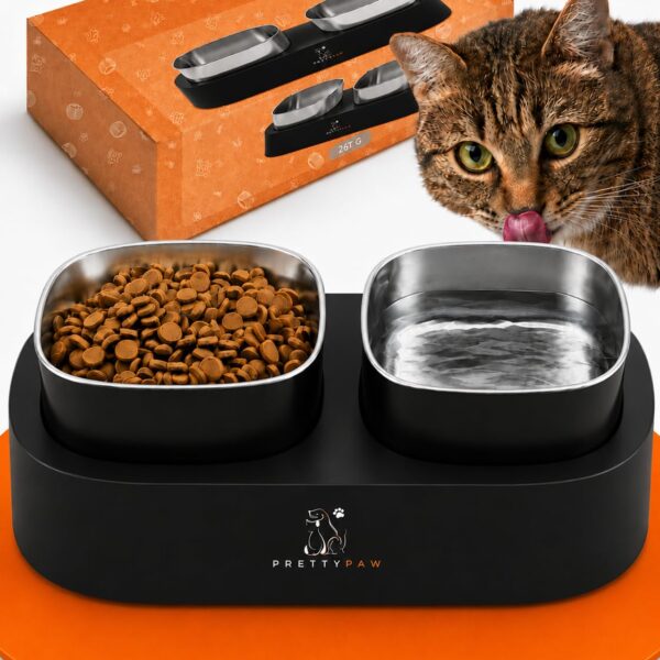 PRETTYPAW Erhöhter Katzennapf mit 2 Edelstahl-Schalen – Ergonomische Futterstation für Katzen