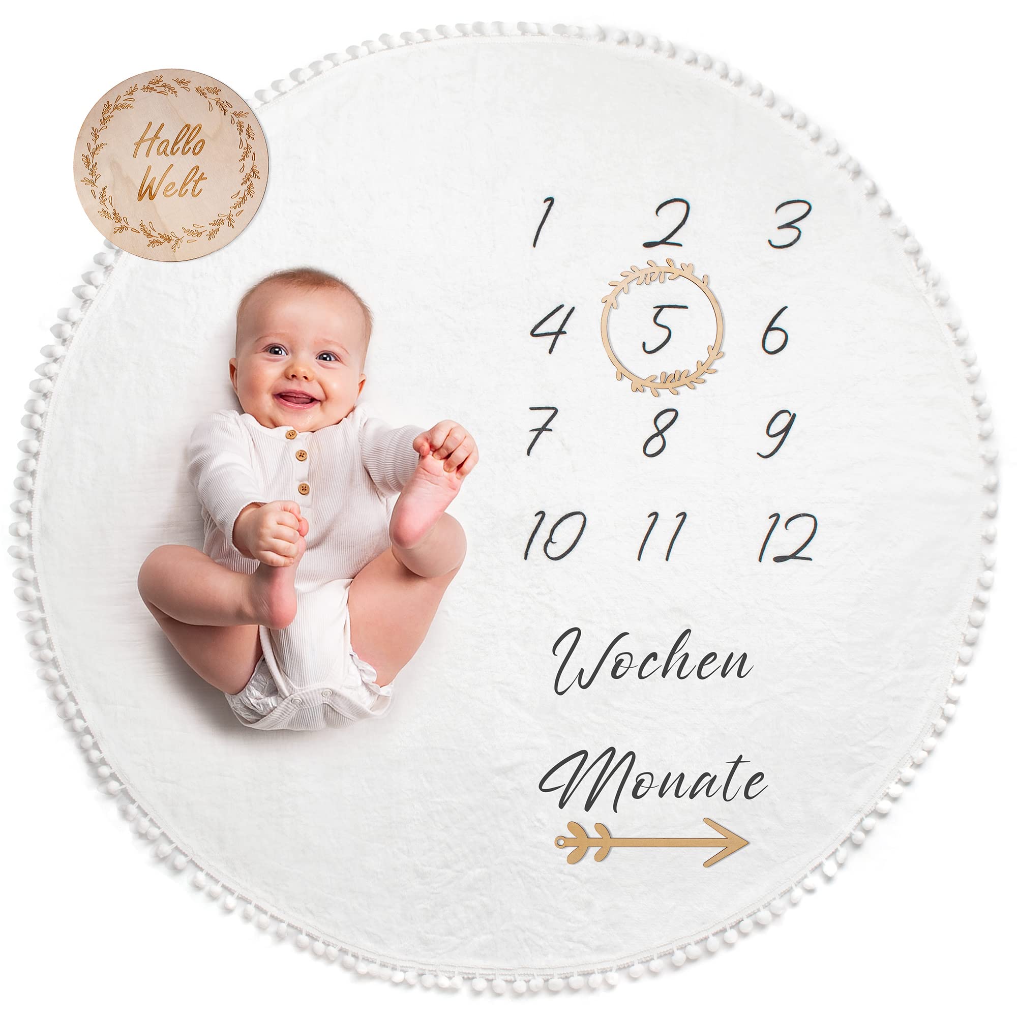 ODOXIA Baby Meilenstein Decke 115x115 cm – Runde Foto-Monatsdecke mit Holzrahmen