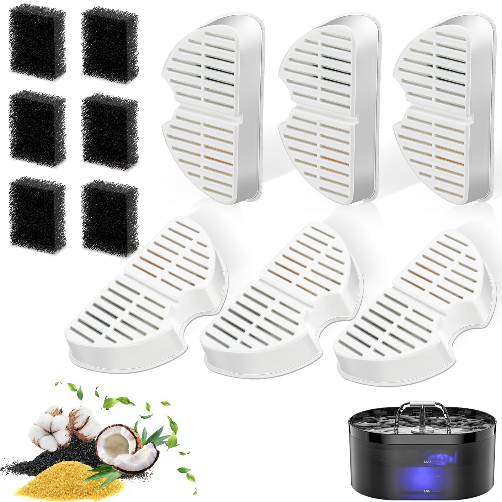 Nenozi Katzenbrunnen Filter Set – 6 Kohlefilter + 6 Schaumfilter für 2,2L Trinkbrunnen