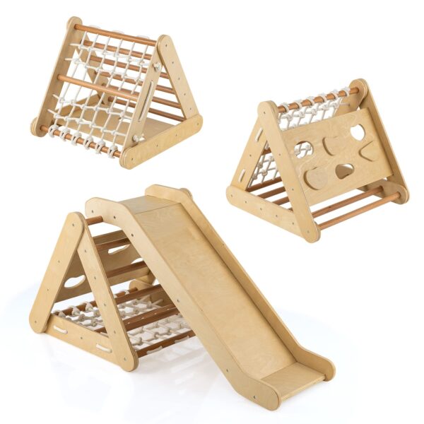 COSTWAY Kletterdreieck 4 in 1 mit Rutsche – Holz-Klettergerüst für Kinder ab 1 Jahr