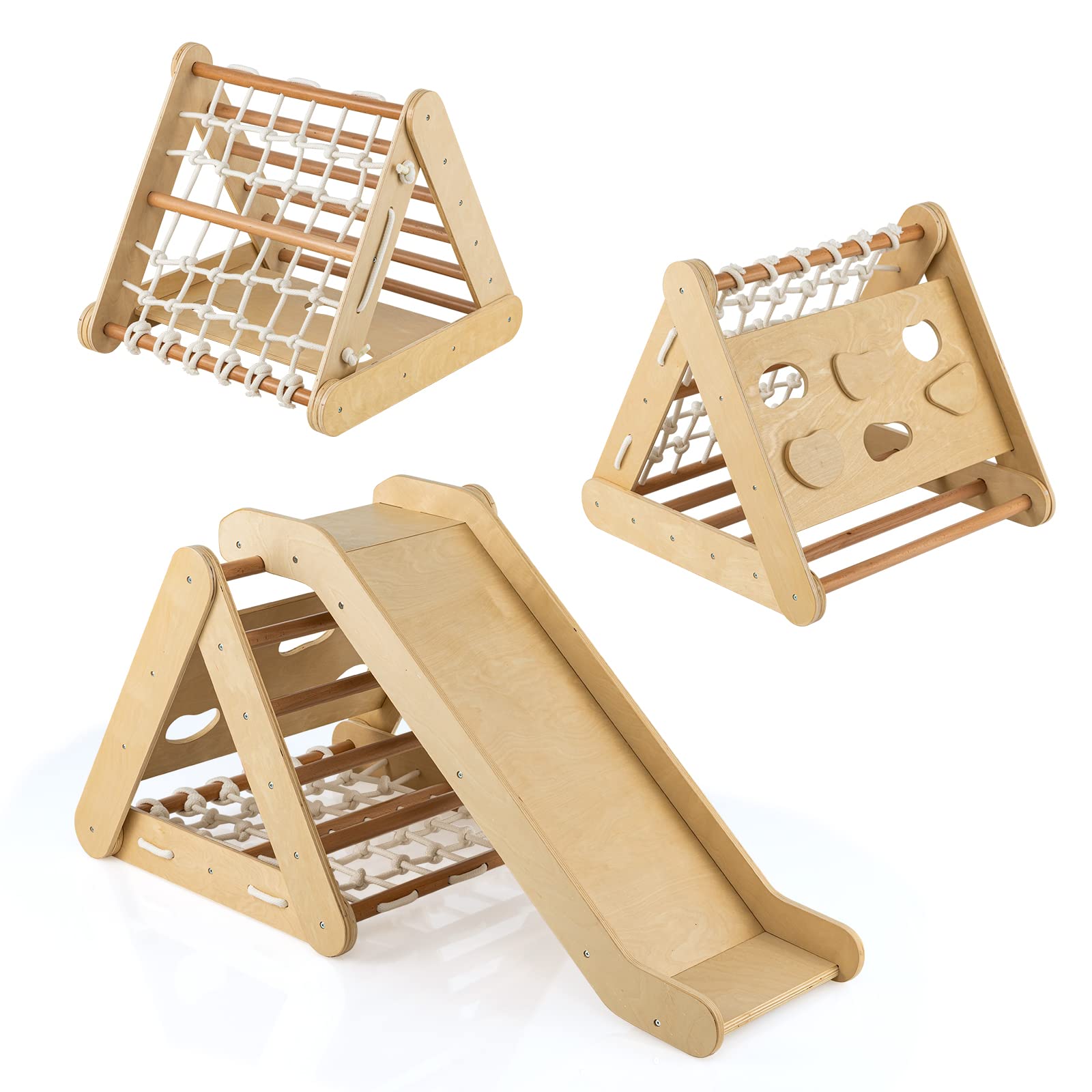 COSTWAY Kletterdreieck 4 in 1 mit Rutsche – Holz-Klettergerüst für Kinder ab 1 Jahr
