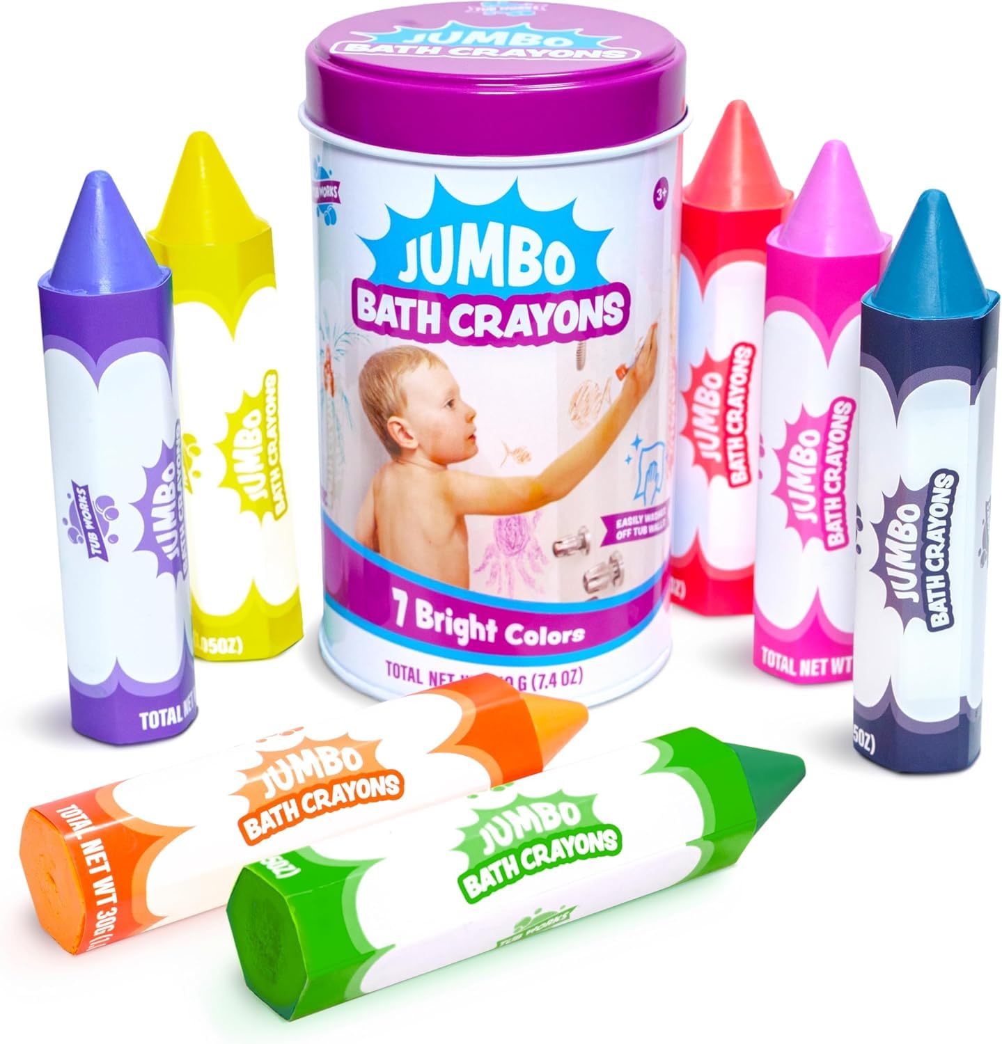 Tub Works Jumbo Badestifte 7er-Set – Ungiftige Badewannenstifte mit Sechseck-Griff