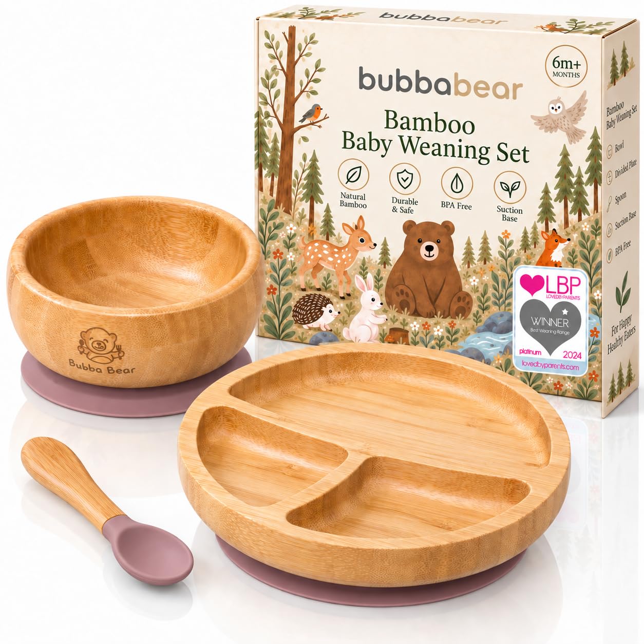 Bubba Bear Kindergeschirr-Set mit Saugnapf – Bambus Babyteller für sicheres Essen
