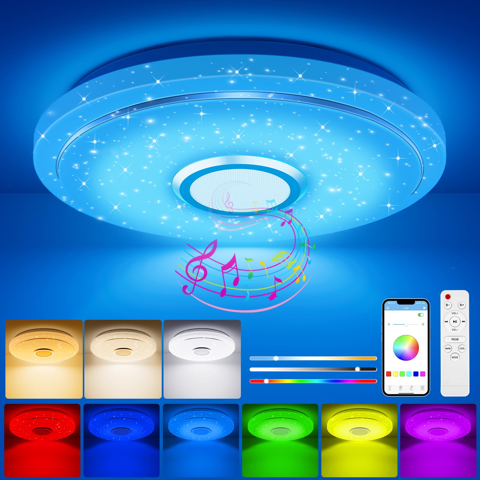 TOPPLEE LED-Deckenleuchte mit RGB-Farbwechsel & Musiksynchronisation – Dimmbar für Wohn- & Kinderzimmer