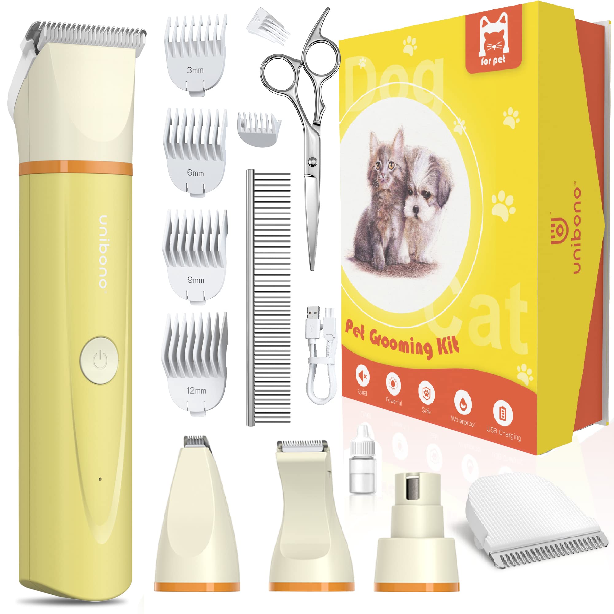 Unibono Hundeschermaschine YP-7116 – Wiederaufladbar mit 7000RPM Motor & 4 Schneidköpfen