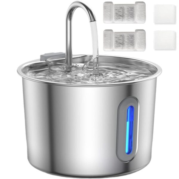 JLVDXN Edelstahl Katzenbrunnen 2,2L mit LED & 2 Filtern – Ultraleise Trinkbrunnen für Katzen