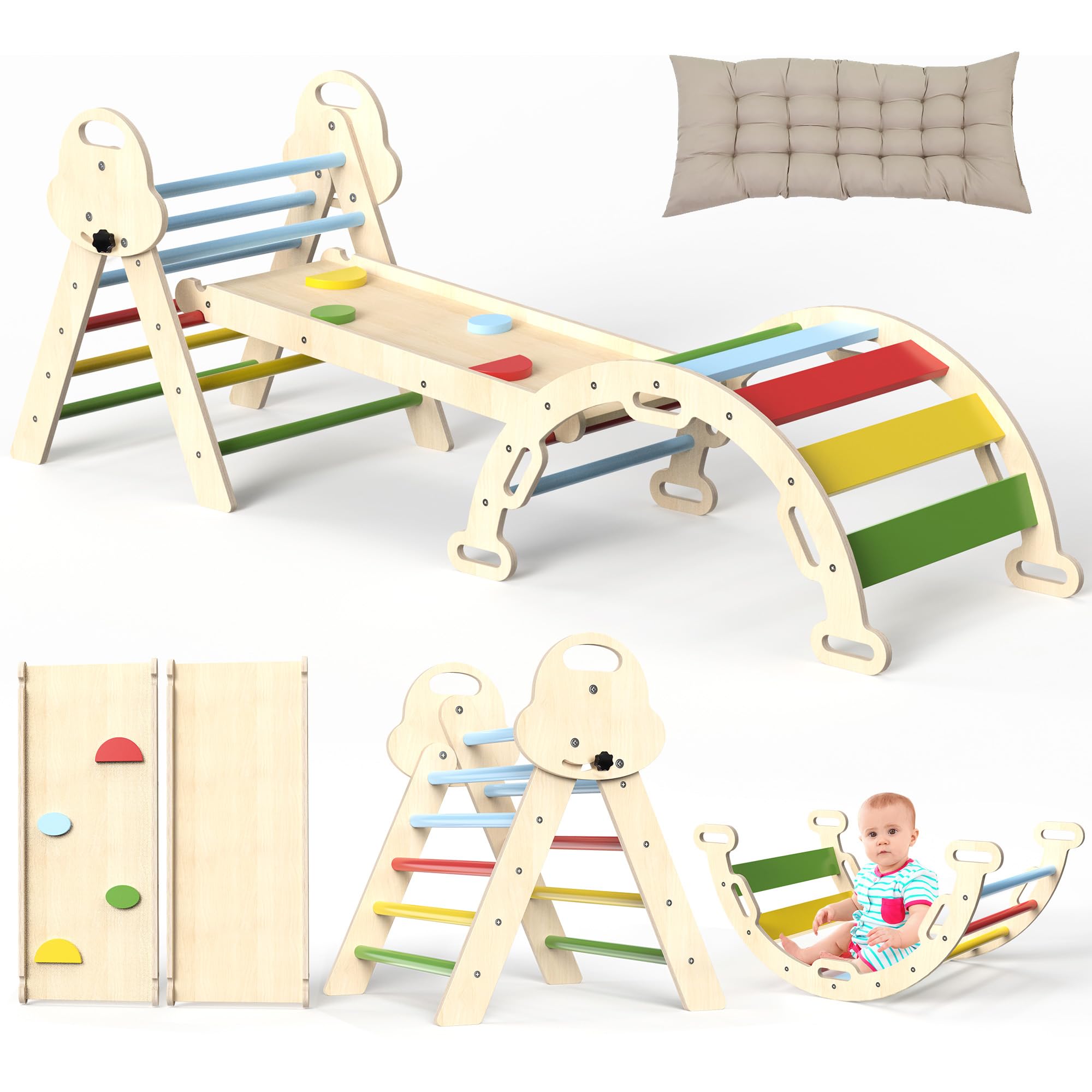 Puecrof Montessori Kletterdreieck 7-in-1 mit Rutsche & Bogen – Motoriktraining für Kleinkinder 1–3 Jahre