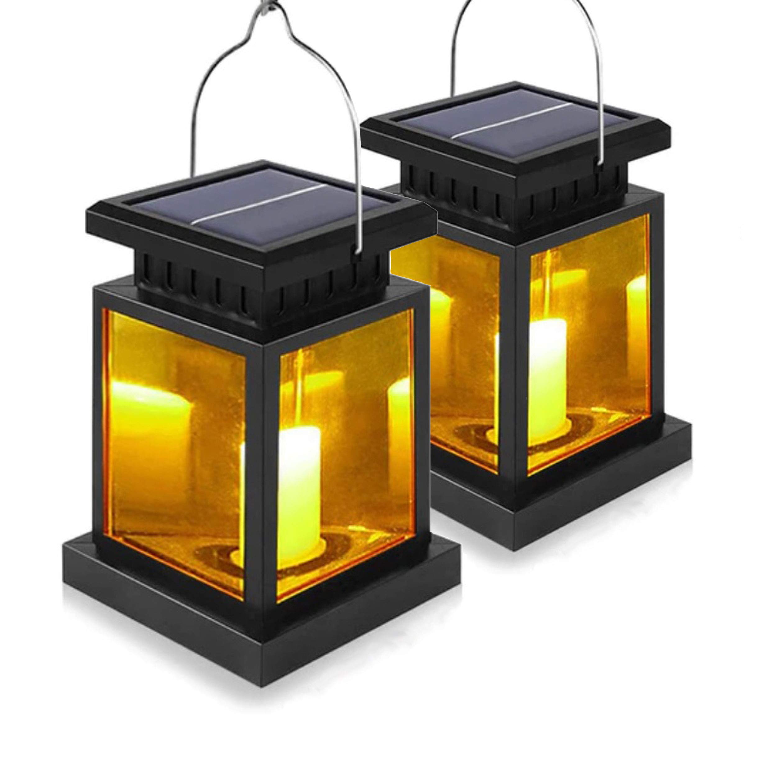 LED Solarlaterne 2er Set mit flackernder LED Kerze – Warmweiss Gartenlampe mit Akku