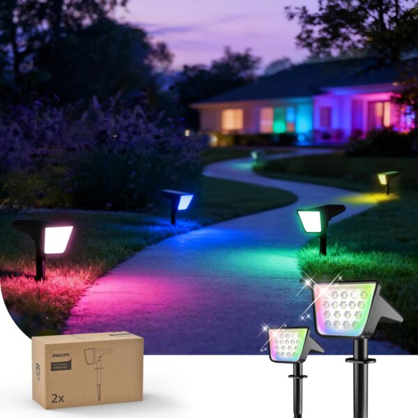 Philips 2er Set Solarstrahler mit 18 LEDs RGBW – Smarte Gartenbeleuchtung mit 9 Modi