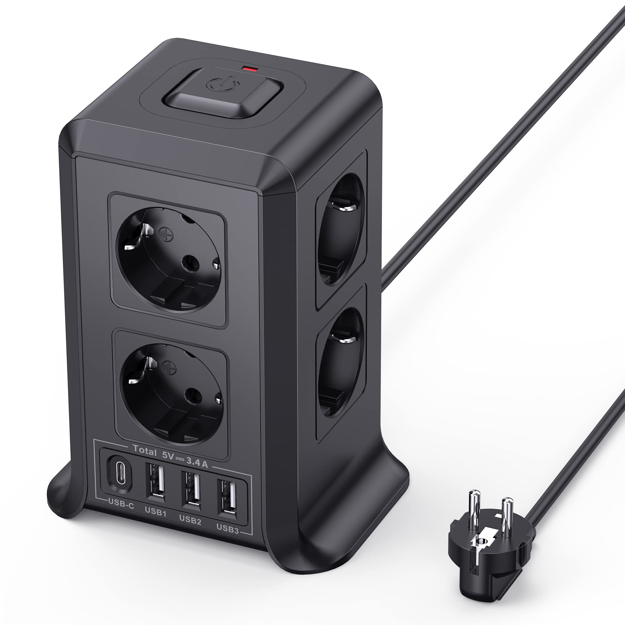 Sameriver 12-in-1 Steckdosenleiste mit 8 AC & 4 USB – Überspannungsschutz für Büro & Zuhause