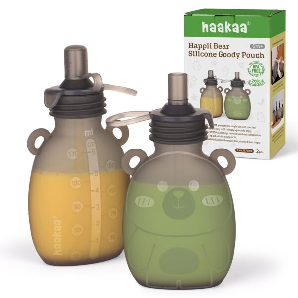 haakaa Happii Bear Silikon-Beutel 170 ml – Wiederverwendbare Babynahrungsbeutel für Pürees & Smoothies
