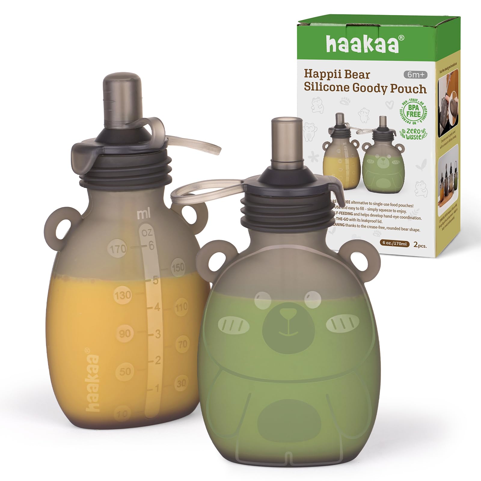haakaa Happii Bear Silikon-Beutel 170 ml – Wiederverwendbare Babynahrungsbeutel für Pürees & Smoothies