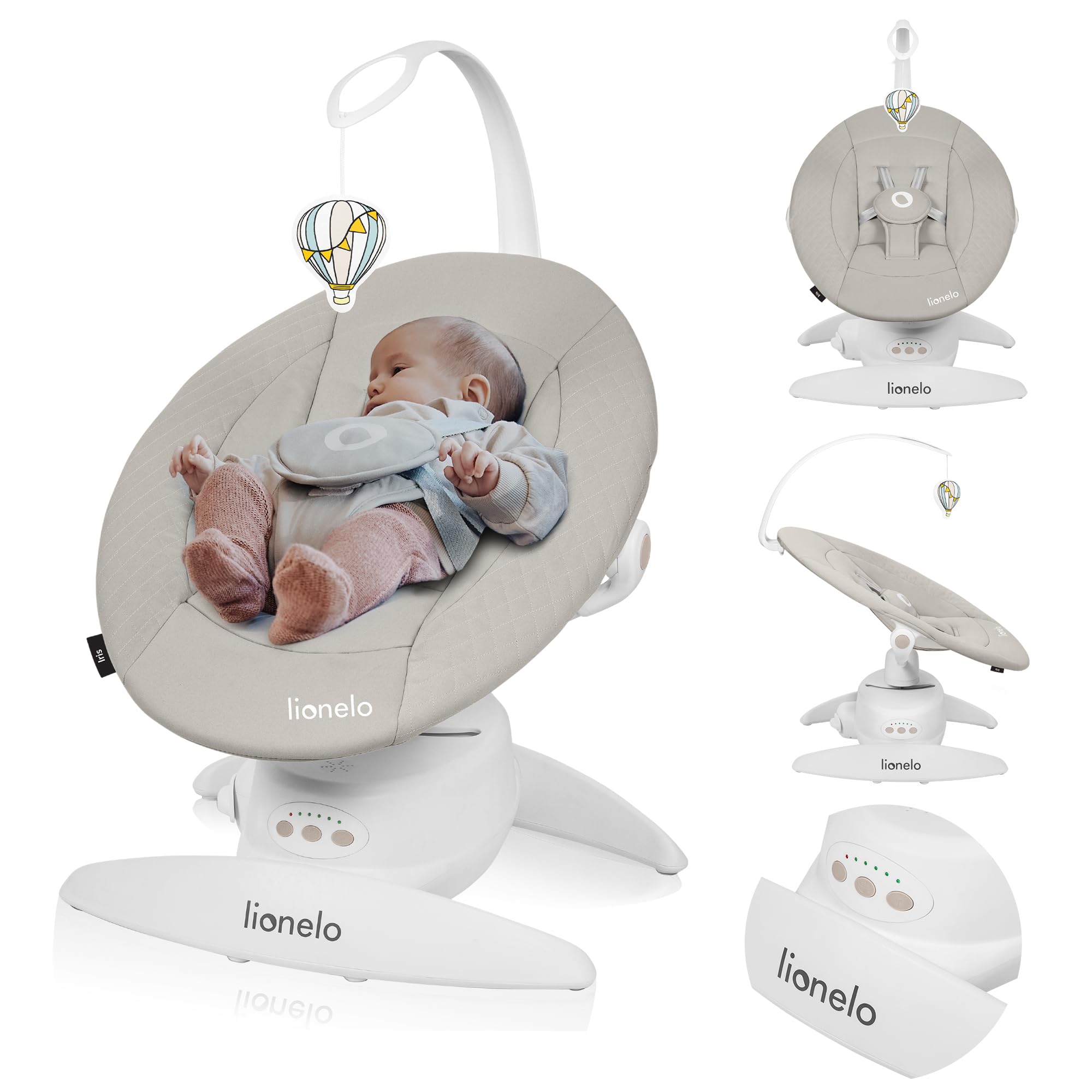 Lionelo Iris Elektrische Babywippe 360° drehbar – 5 Wiegegeschwindigkeiten für Babys bis 9 kg