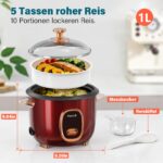 Macook Reiskocher 1 L mit Dampfgarer – One-Touch Kochen & Dämpfen für 1–5 Personen – Bild 3