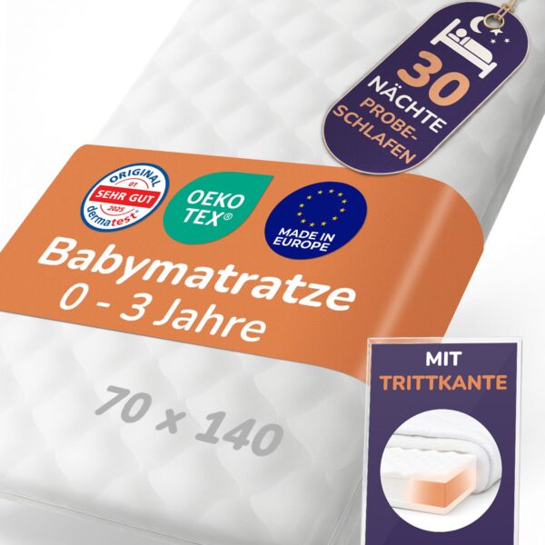 Sun Garden Babymatratze 70x140 cm – Sichere Kindermatratze mit Trittkante & Oeko Tex
