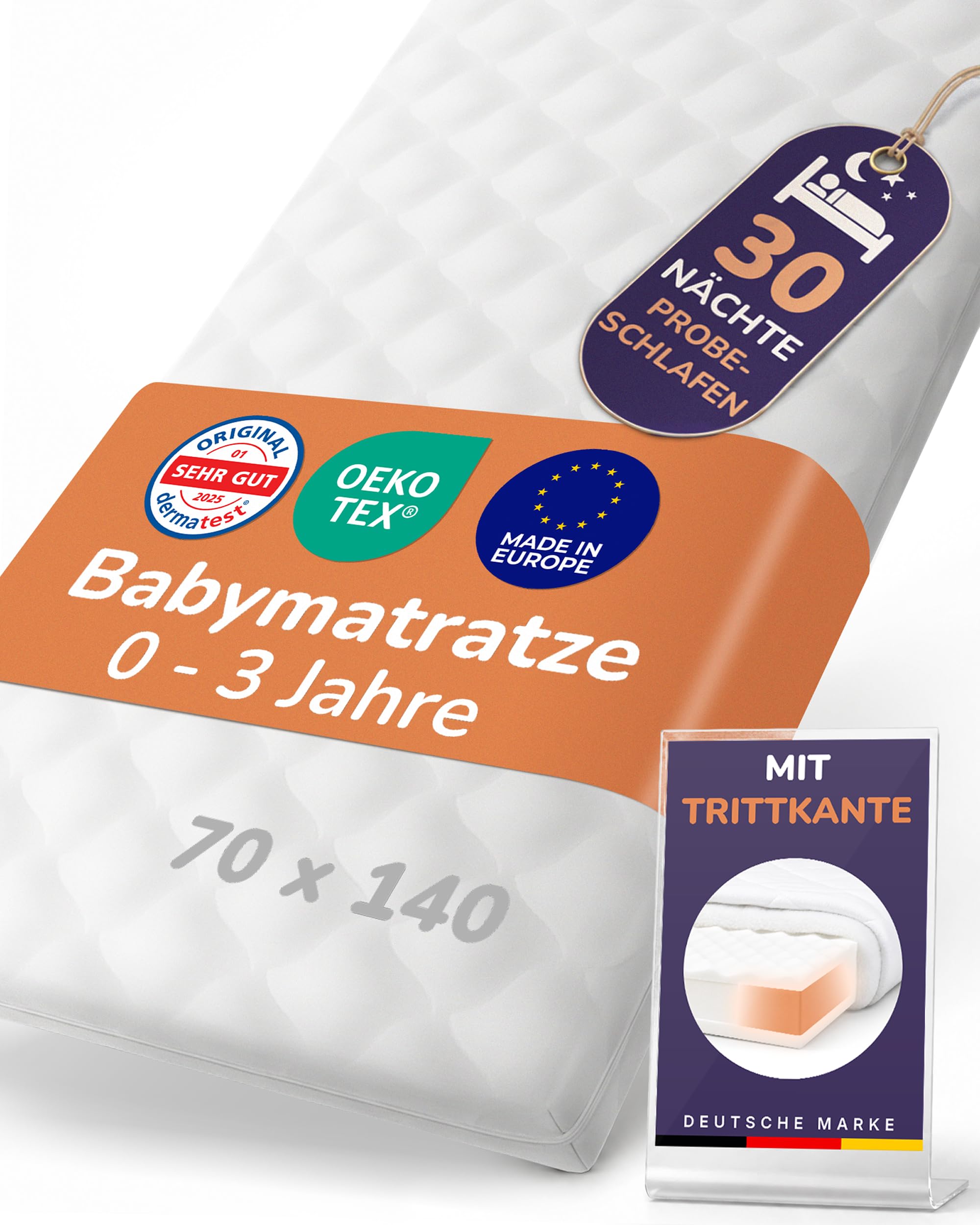 Sun Garden Babymatratze 70x140 cm – Sichere Kindermatratze mit Trittkante & Oeko Tex