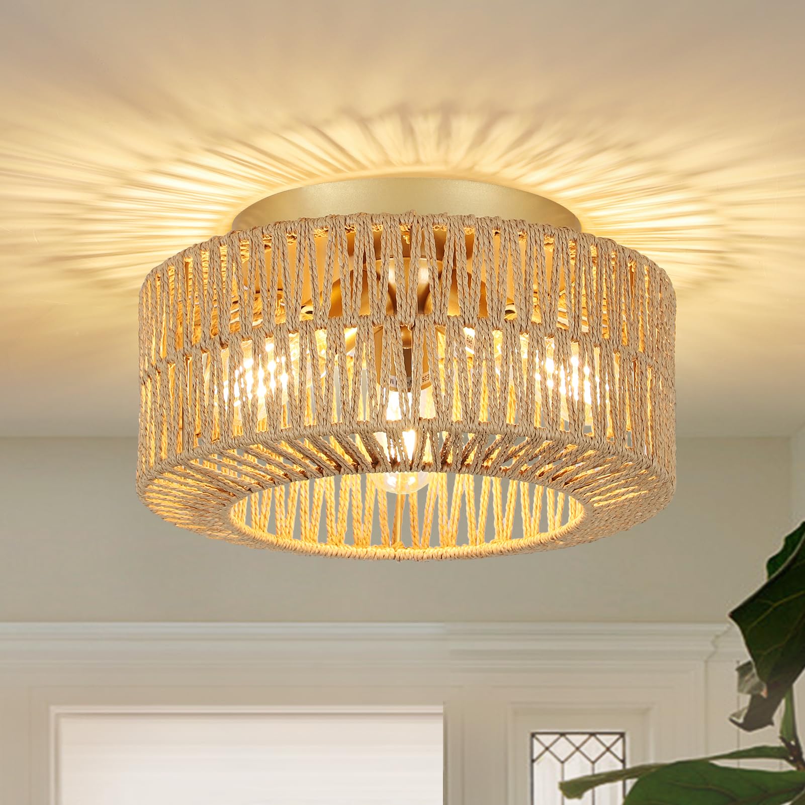 Rayofly Boho Deckenlampe 3-flammig mit Rattan & Bambus – Vintage Leuchte für jeden Raum