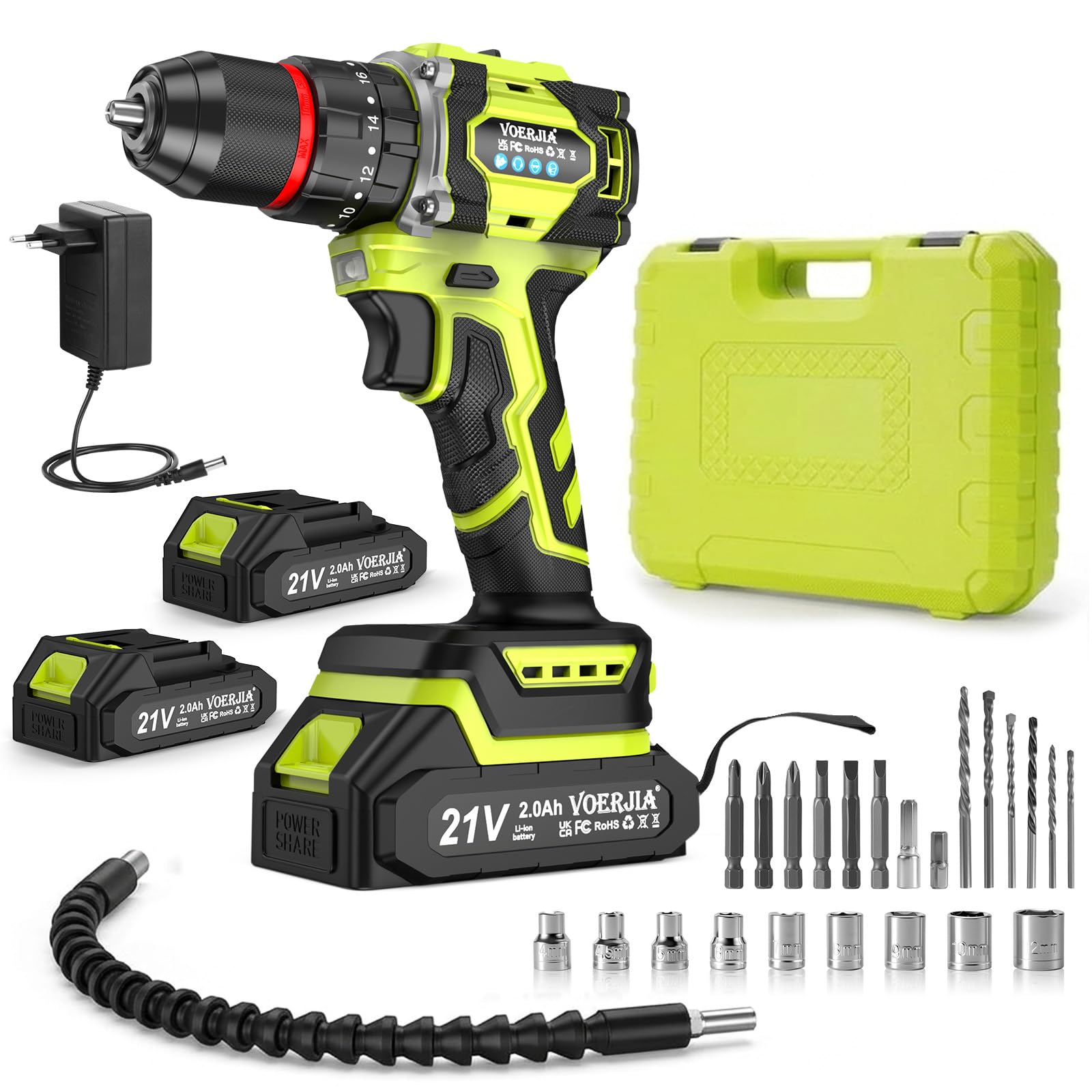 21V Akku-Bohrschrauber Set mit Schlagbohrfunktion – 60 Nm, 2 Akkus & 29 Zubehörteile