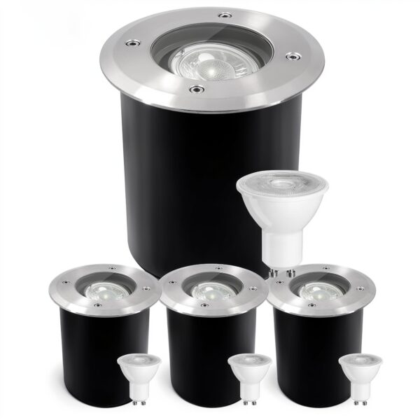 JNR Edelstahl Bodeneinbaustrahler IP67 4er-Set – Schwenkbar 30° mit 5W LED warmweiss 3000K