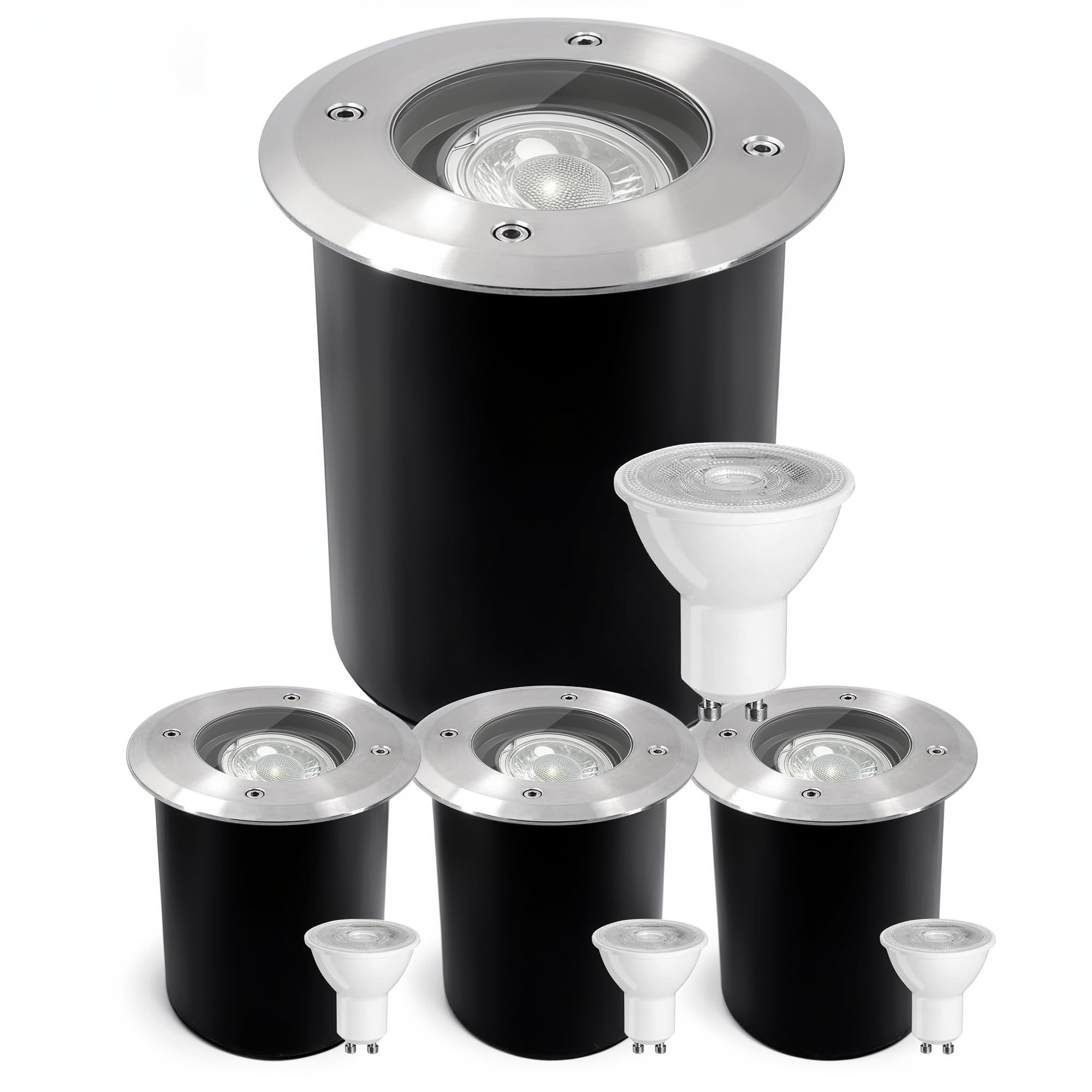 JNR Edelstahl Bodeneinbaustrahler IP67 4er-Set – Schwenkbar 30° mit 5W LED warmweiss 3000K